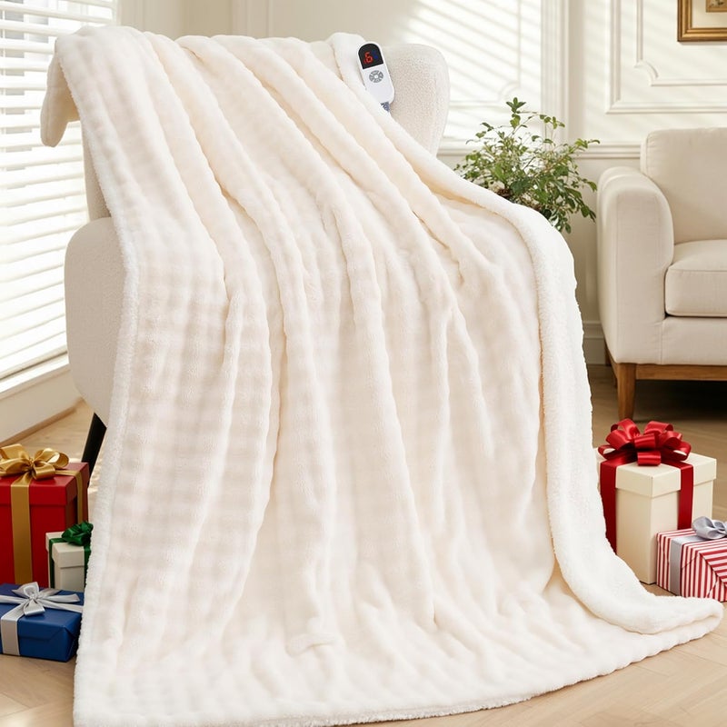 CURECURE Heated Throw Blanket 50"x72", Electric Blanket with 3D Bubble-Shaped, Soft Flannel and Thickened Sherpa Fleece, 6 Heat Settings, 1-4H Timer, Couch Heated Blanket, Machine Washable, Gift, White - Image 1